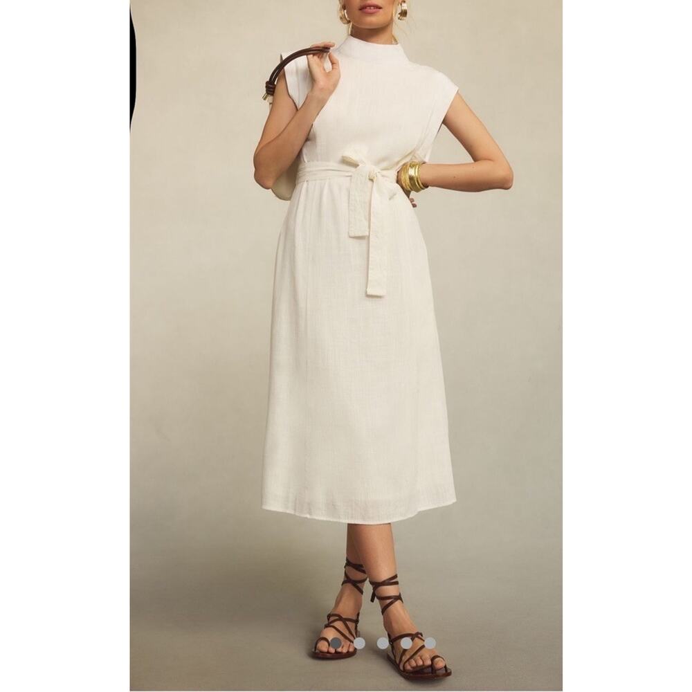 Anthropologie Cream Midi Belted Mock-Neck Dress